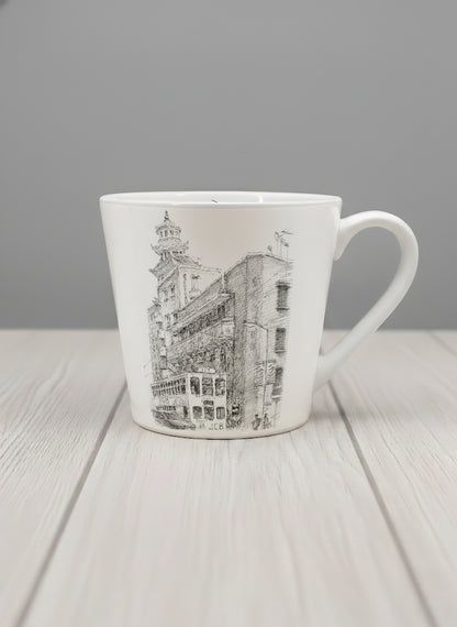 Conical Mug | Tramway Through Time mug showing a sketch of streets and tram in Hong Kong by Samuel Kwok - Gallery By Inhesion
