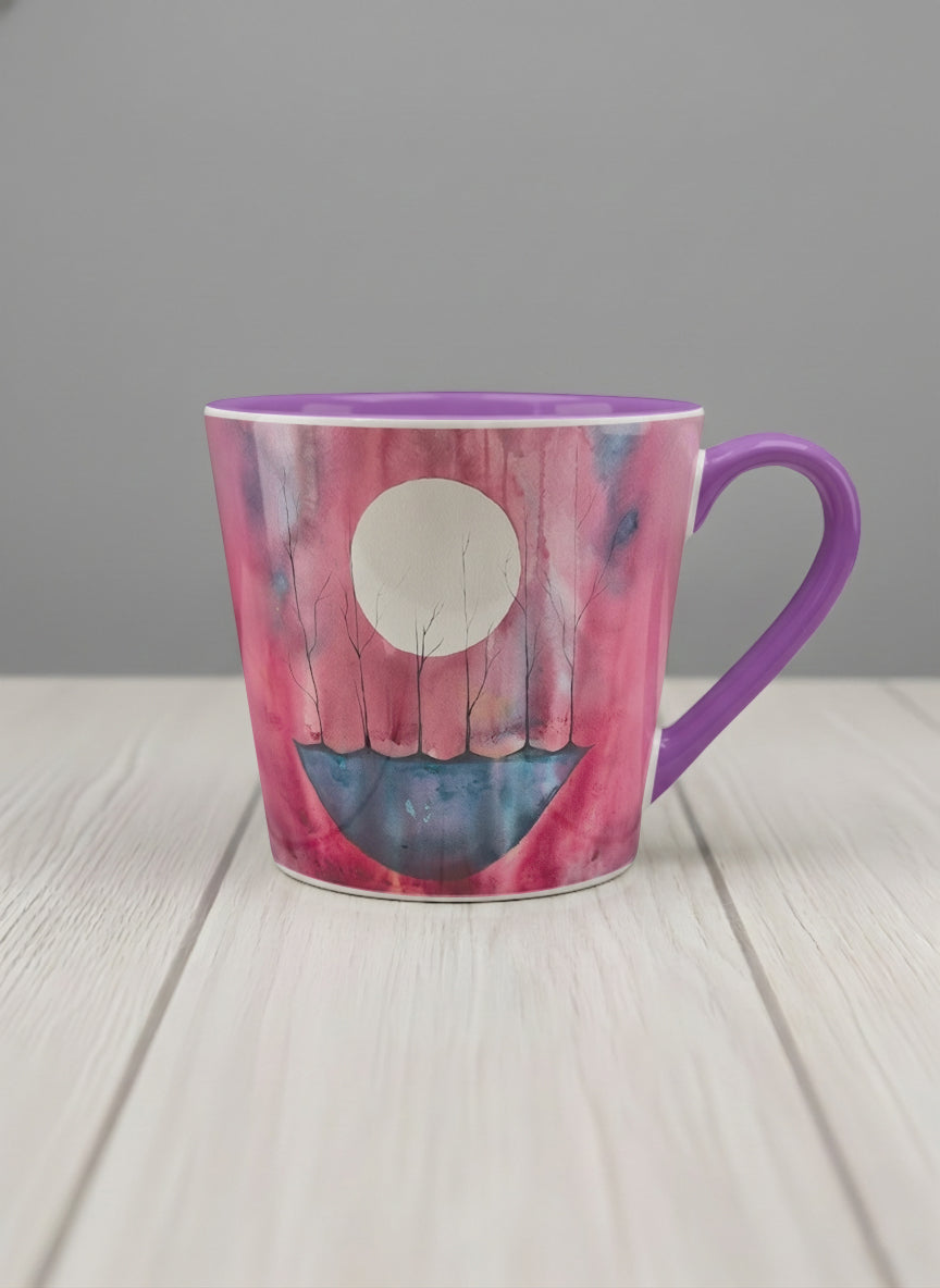 Conical mug | Sail the Moon mug with watercolor night scene, boat silhouette, trees and full moon, purple handle and interior by Renee Pupetz - Gallery By Inhesion