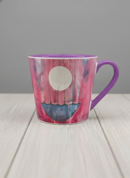 Conical mug | Sail the Moon mug with watercolor night scene, boat silhouette, trees and full moon, purple handle and interior by Renee Pupetz - Gallery By Inhesion