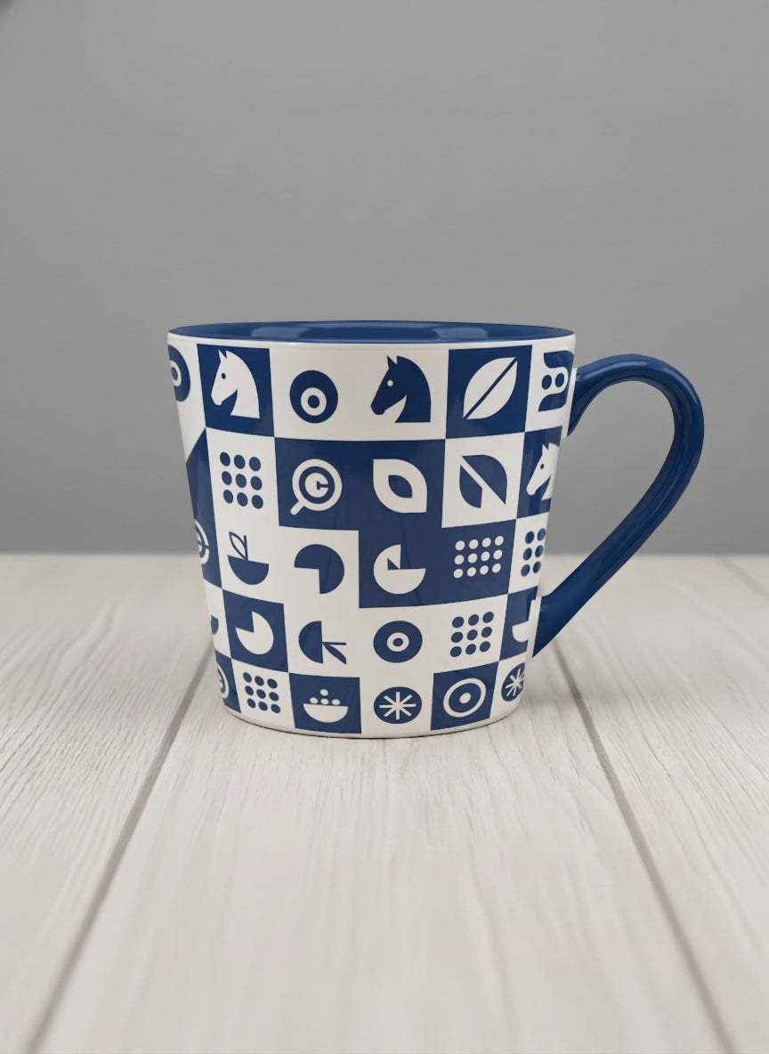 Conical Mug | Multiversal Sigils mug, navy and white checkerboard pattern with icons, blue interior and handle, by Alan CL Lee - Gallery By Inhesion
