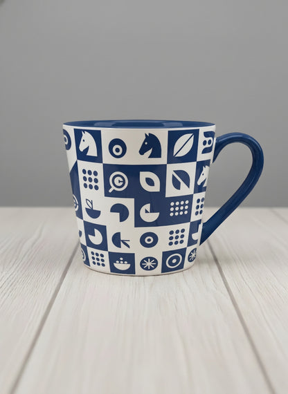 Conical Mug | Multiversal Sigils mug, navy and white checkerboard pattern with icons, blue interior and handle, by Alan CL Lee - Gallery By Inhesion