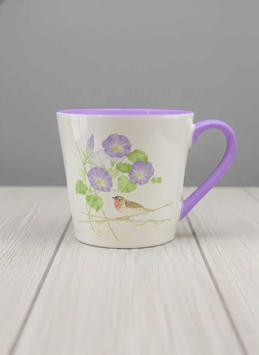 Conical Mug | Morning Glory mug with watercolor bird and purple flowers artwork by Alice Wong - Gallery By Inhesion