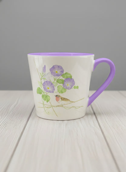 Conical Mug | Morning Glory mug with watercolor bird and purple flowers artwork by Alice Wong - Gallery By Inhesion