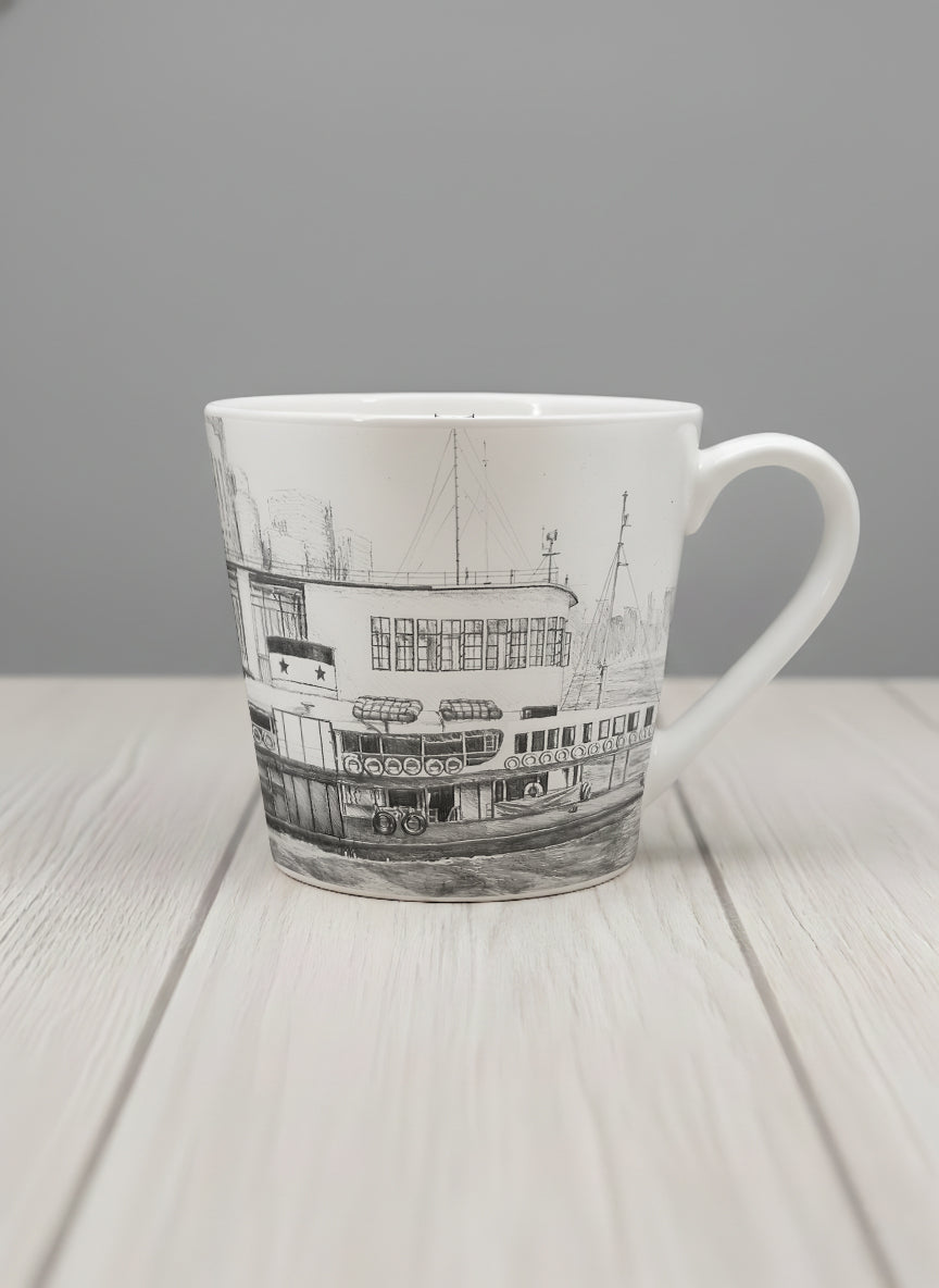 Conical Mug | The Star of the Harbor mug showing a sketch of Star Ferry Pier in Hong Kong by Samuel Kwok - Gallery By Inhesion