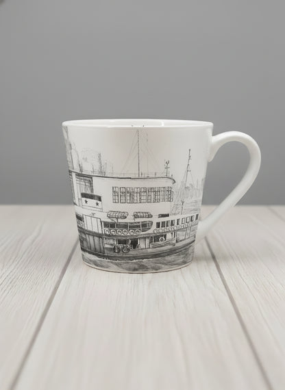Conical Mug | The Star of the Harbor mug showing a sketch of Star Ferry Pier in Hong Kong by Samuel Kwok - Gallery By Inhesion