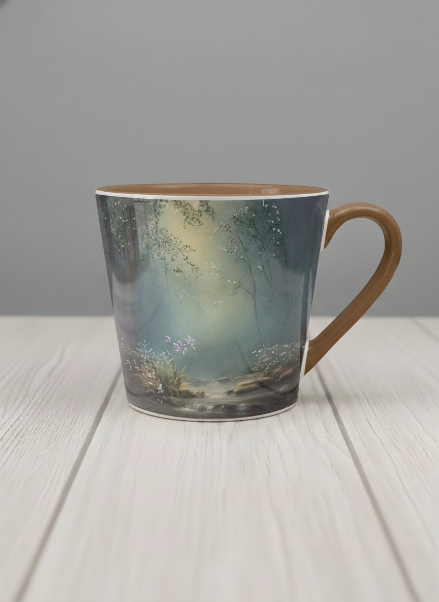 Conical mug | Serenity Stream mug, an enchanted forest with glowing light filtering through misty teal trees and wildflowers by a stream, warm olive interior and handle, by Karina Mosser - Gallery By Inhesion