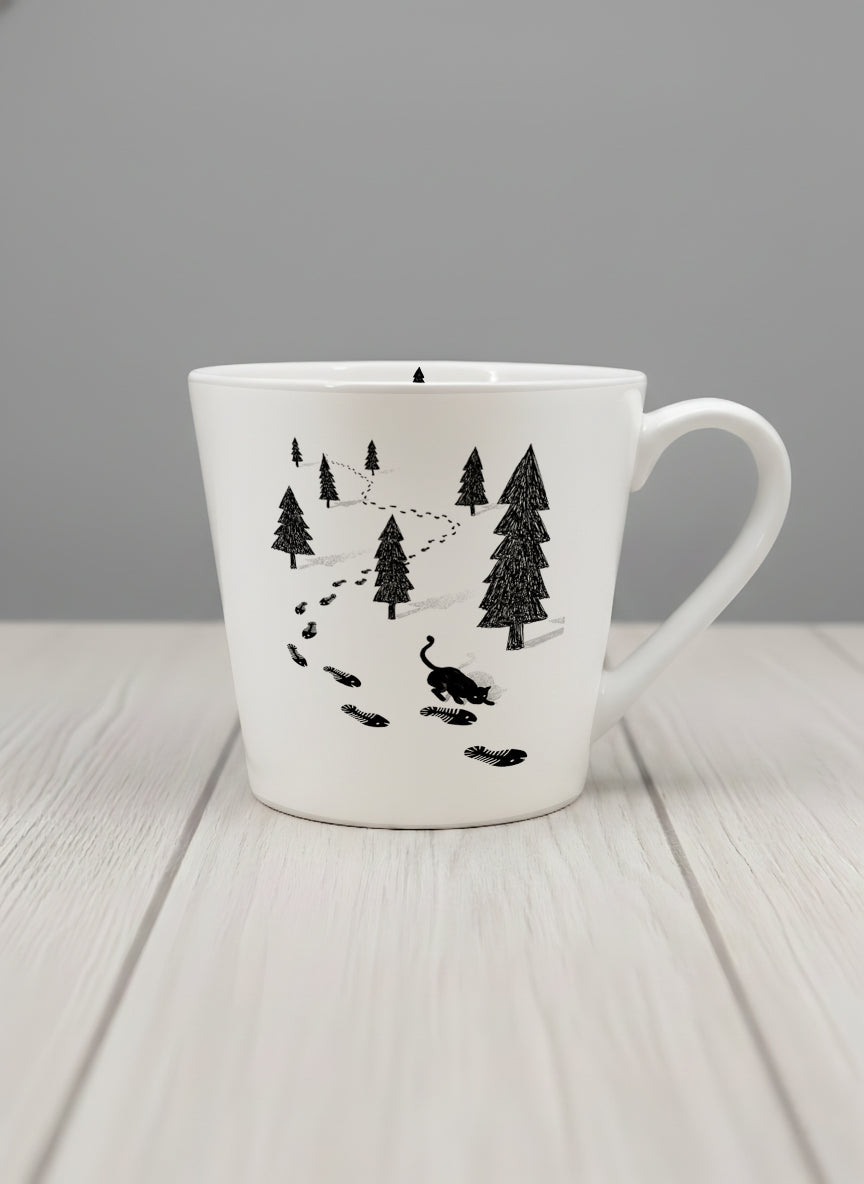 Conical Mug | The Curious Cat mug shows a sketch of a cat following fish-shaped footprints by Tang Yau Hoong - Gallery By Inhesion