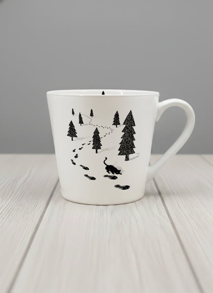 Conical Mug | The Curious Cat mug shows a sketch of a cat following fish-shaped footprints by Tang Yau Hoong - Gallery By Inhesion