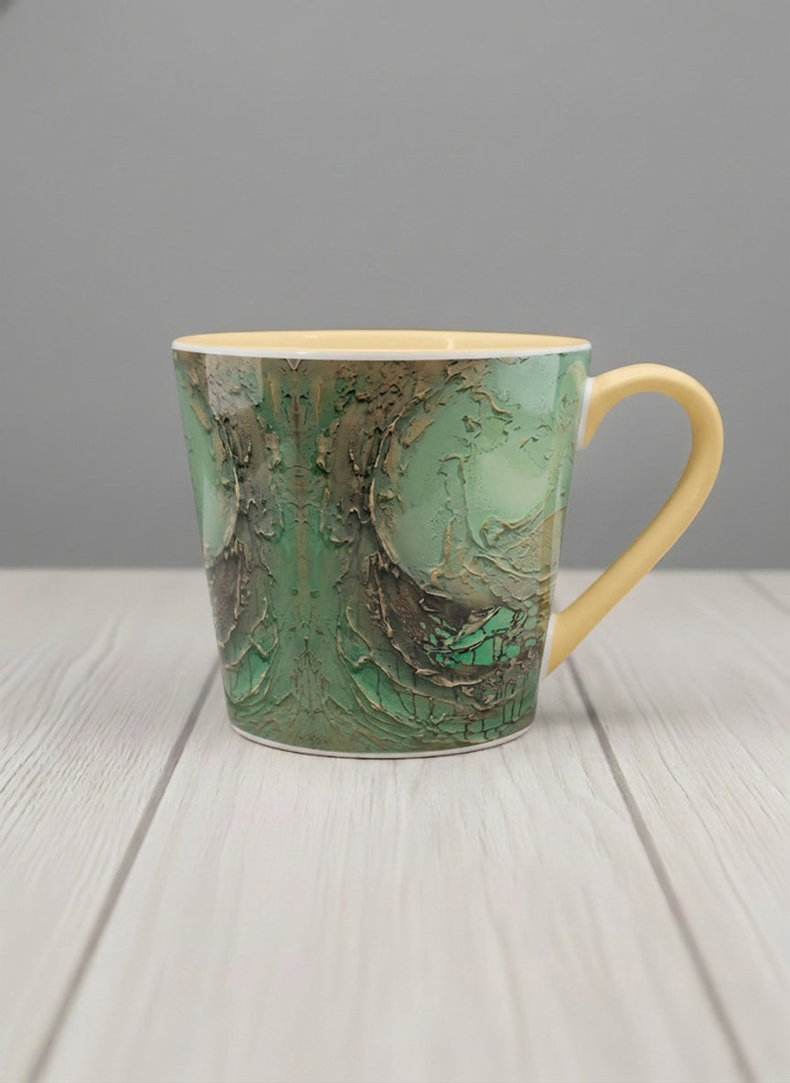 Conical Mug | Emerald Magic mug showing abstract marbled pattern in green, gold, and earthy tones by Mersedes Mein - Gallery By Inhesion