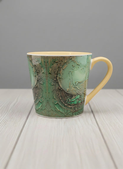 Conical Mug | Emerald Magic mug showing abstract marbled pattern in green, gold, and earthy tones by Mersedes Mein - Gallery By Inhesion