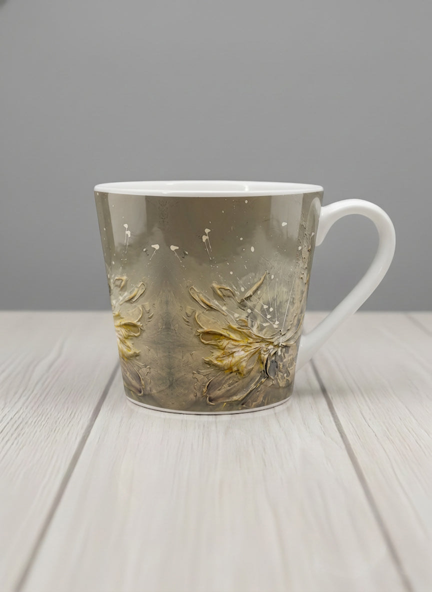 Conical Mug | Awakening mug showing textured floral design in muted grey-gold tones by Mersedes Mein - Gallery By Inhesion