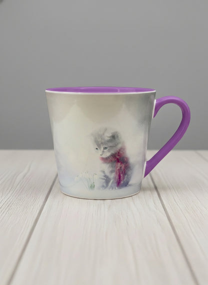 Conical mug | Waiting for Spring mug, a tiny kitten in a burgundy scarf sitting in a soft misty meadow, dusty rose interior and handle, by Karina Mosser - Gallery By Inhesion