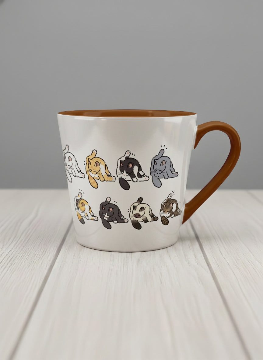 conical Mug | The Grooming Club mug eight cats mid-stretch and self-groom in playful rows, soft grey interior and handle, by Hyun Jung Cho