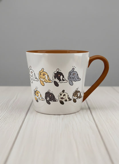 conical Mug | The Grooming Club mug eight cats mid-stretch and self-groom in playful rows, soft grey interior and handle, by Hyun Jung Cho