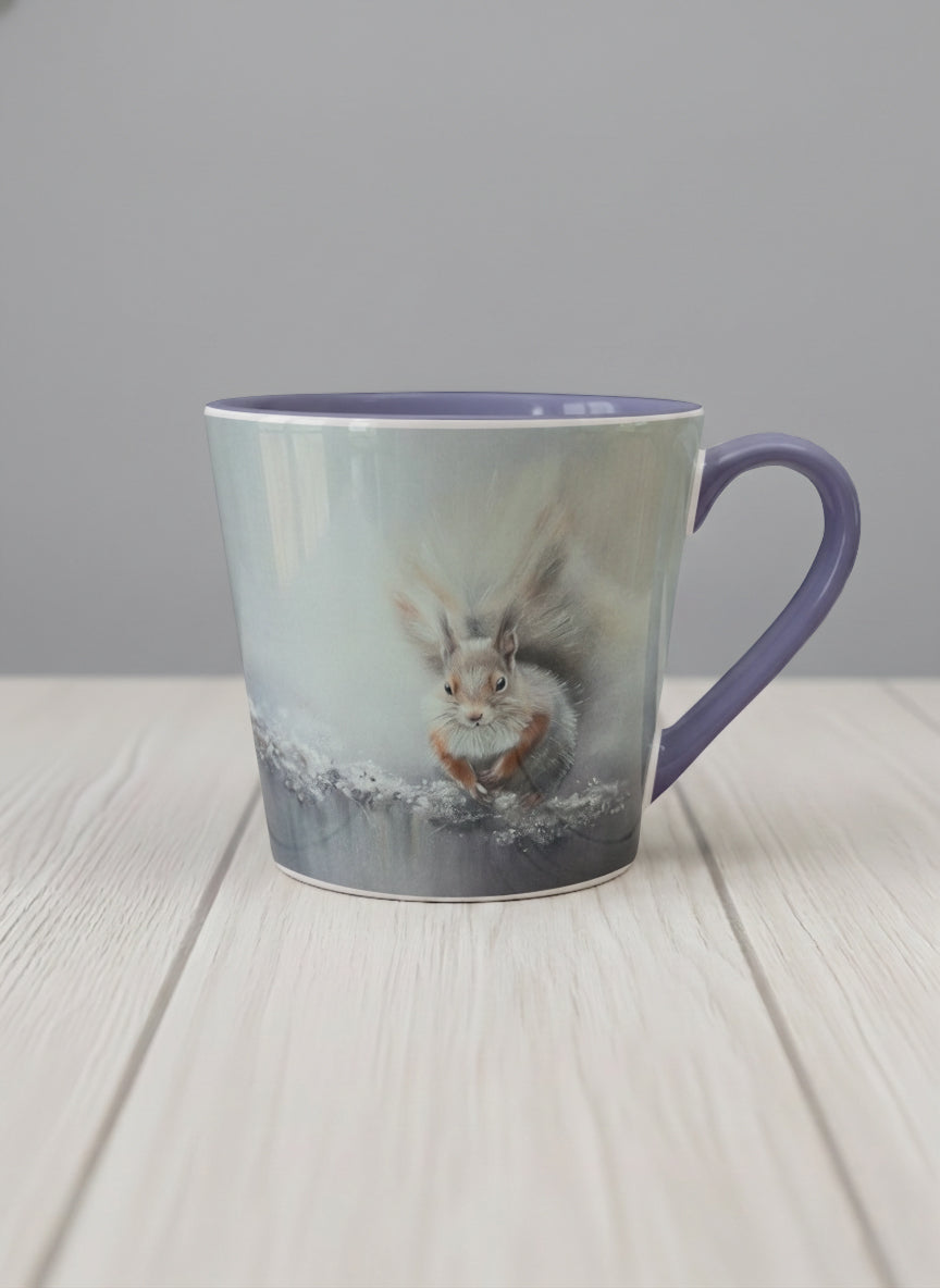Conical mug | Caught in Frost mug, wide-eyed squirrel emerging from a misty winter ground, slate blue interior and handle, by Karina Mosser - Gallery By Inhesion
