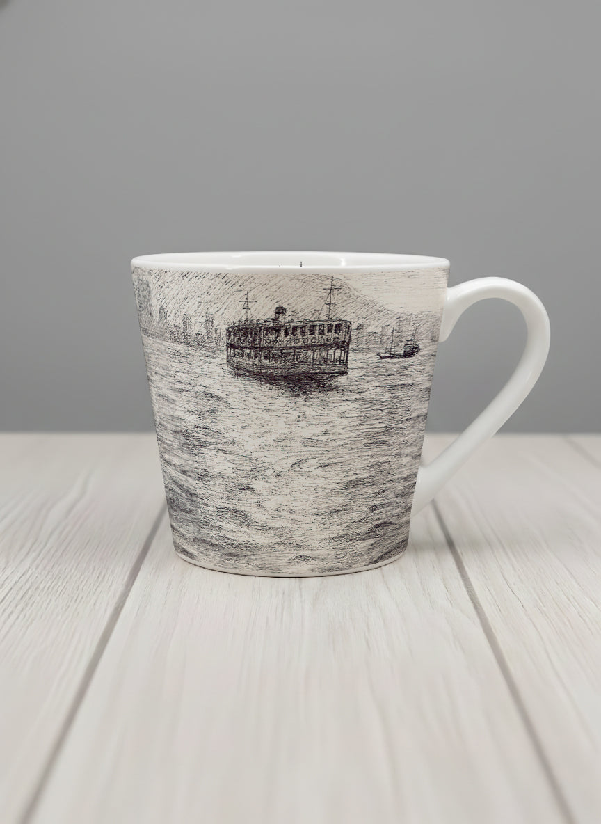 Conical Mug | Shimmering Passage mug showing a pen drawing Star Ferry in Hong Kong by Samuel Kwok - Gallery By Inhesion
