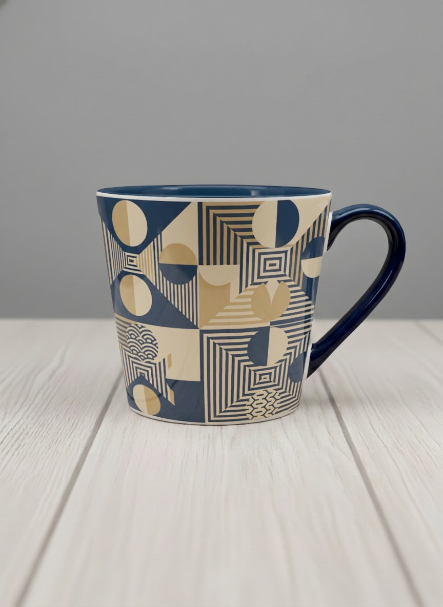 Conical Mug | Fractured Horizon Drift mug, navy and gold geometric pattern, dark interior and handle, by Alan CL Lee - Gallery By Inhesion