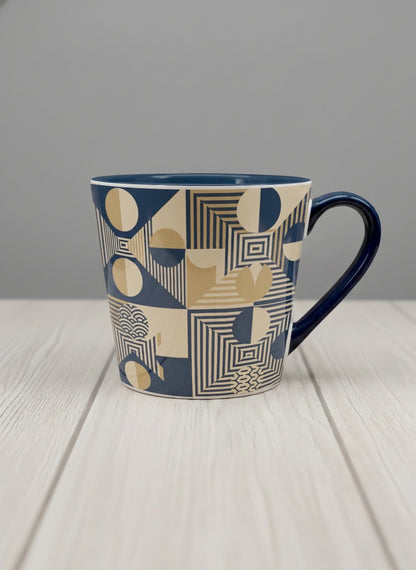 Conical Mug | Fractured Horizon Drift mug, navy and gold geometric pattern, dark interior and handle, by Alan CL Lee - Gallery By Inhesion