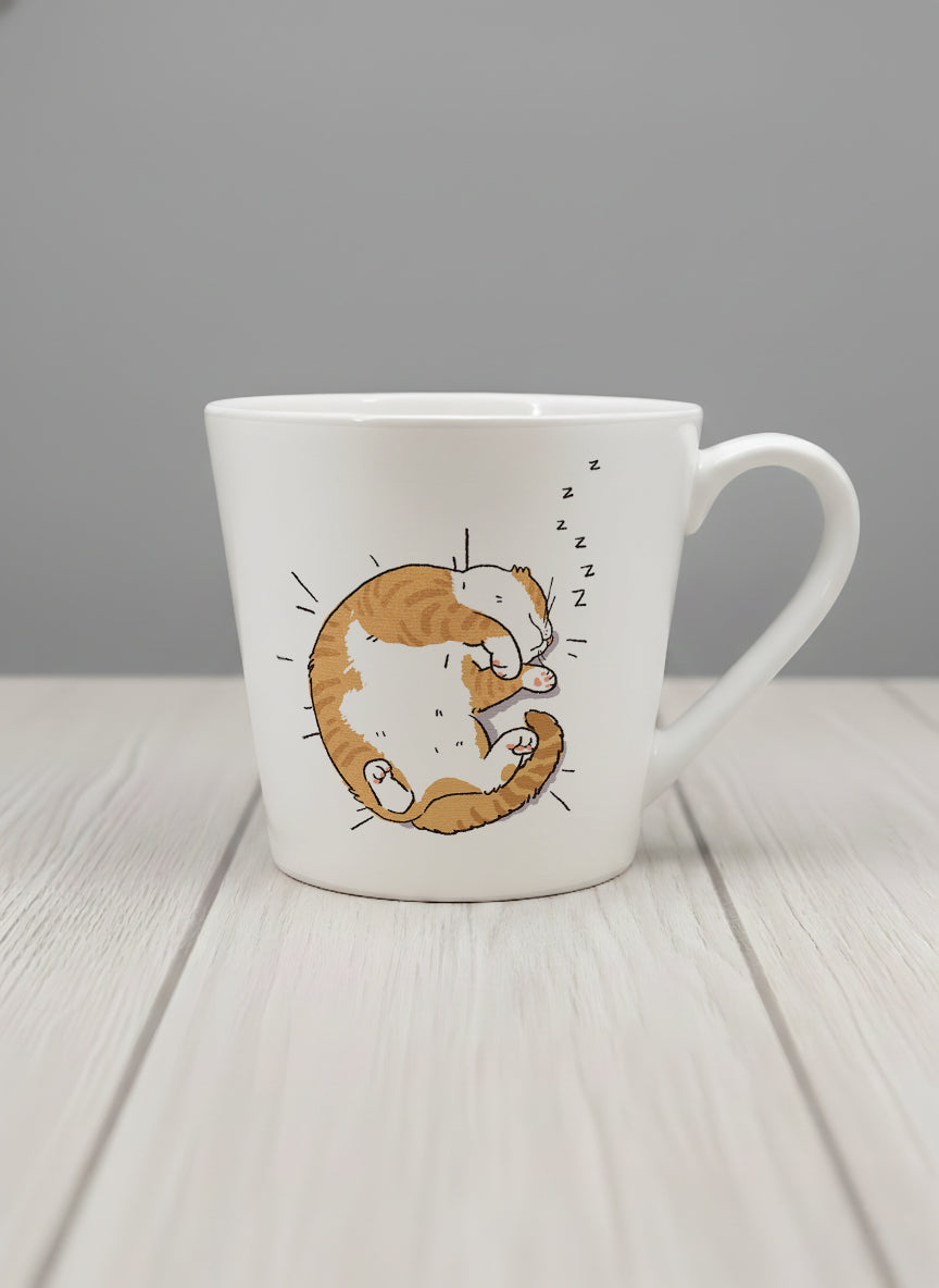 conical Mug | Sweet Dreams mug, a ginger tabby cat curled into a perfect circle fast asleep with tiny zzz's floating above, clean white interior and handle, by Hyun Jung Cho - Gallery By Inhesion