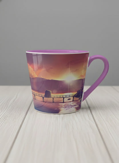 Conical Mug | Gaze into the Golden Hour mug glowing sunset over a lakeside pier in warm amber and violet, soft lilac interior, by Samuel Kwok Gallery By Inhesion