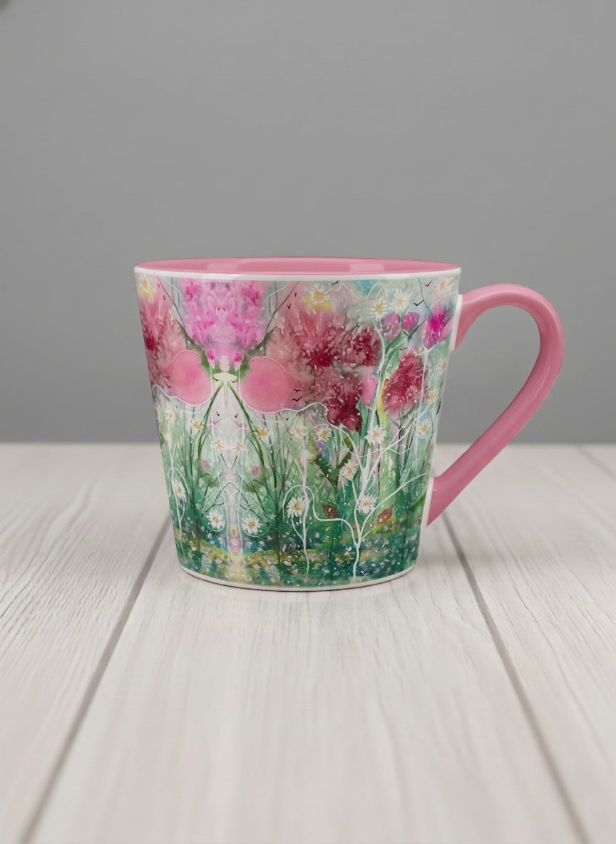 Conical Mug | Nature’s waking up mug shows a floral design with colorful blossoms and lush greenery by Renee Pupetz - Gallery By Inhesion
