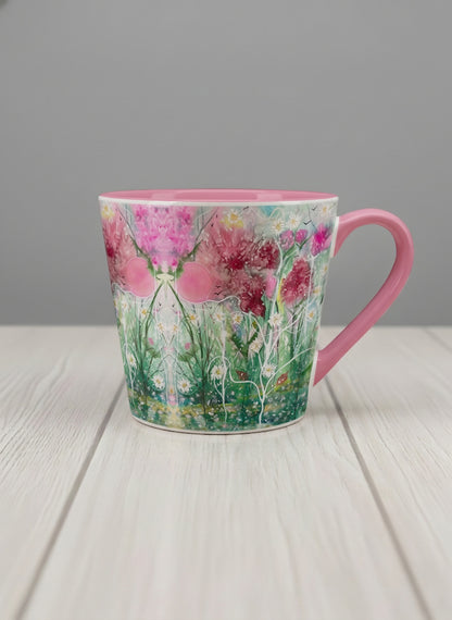 Conical Mug | Nature’s waking up mug shows a floral design with colorful blossoms and lush greenery by Renee Pupetz - Gallery By Inhesion