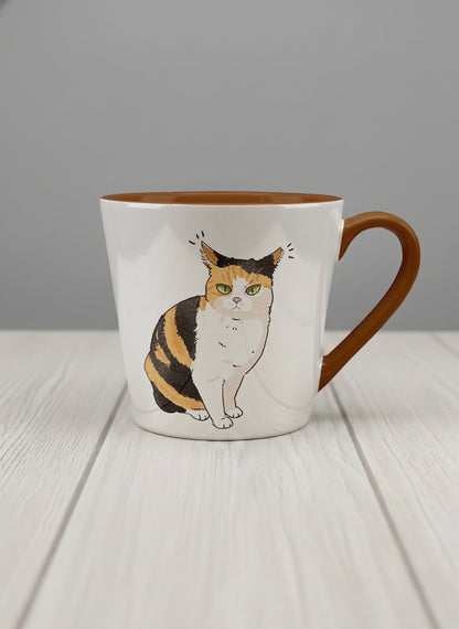 conical Mug | Spicy Calico mug grumpy calico cat with piercing green eyes and ruffled fur, dark chocolate interior, by Hyun Jung Cho