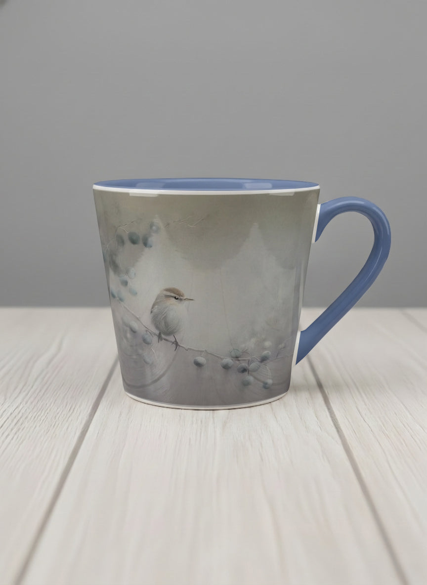 conical mug | A Quiet Moment mug, solitary bird perched in a soft misty landscape with delicate dot details, dusty blue interior and handle, by Karina Mosser - Gallery By Inhesion