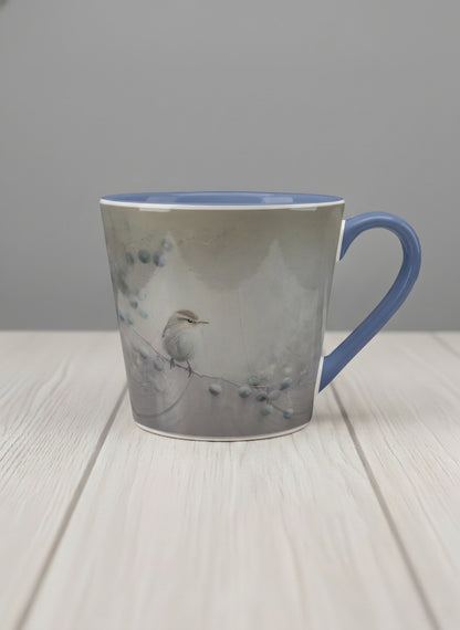 conical mug | A Quiet Moment mug, solitary bird perched in a soft misty landscape with delicate dot details, dusty blue interior and handle, by Karina Mosser - Gallery By Inhesion