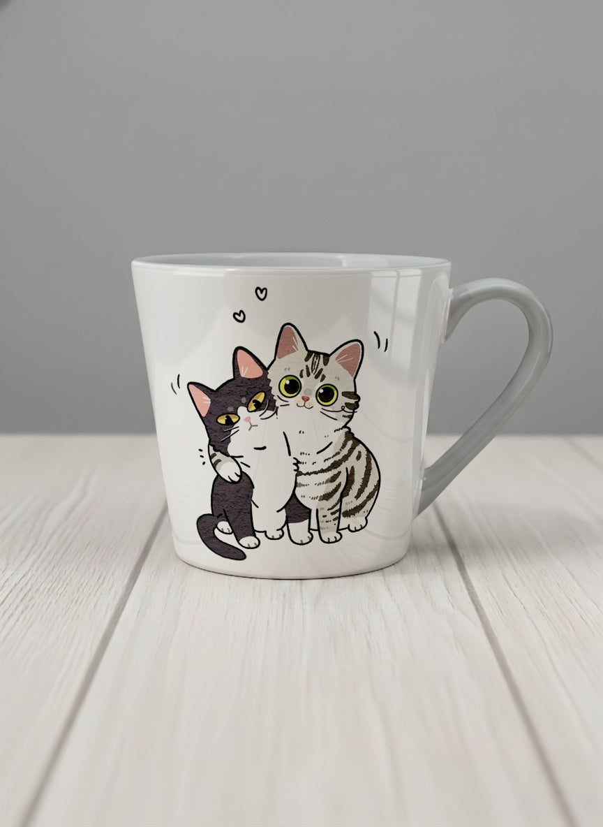 conical Mug | Best Buddies mug small tuxedo cat leaning into a chubby tabby with tiny floating hearts, sage interior, by Hyun Jung Cho