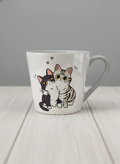 conical Mug | Best Buddies mug small tuxedo cat leaning into a chubby tabby with tiny floating hearts, sage interior, by Hyun Jung Cho