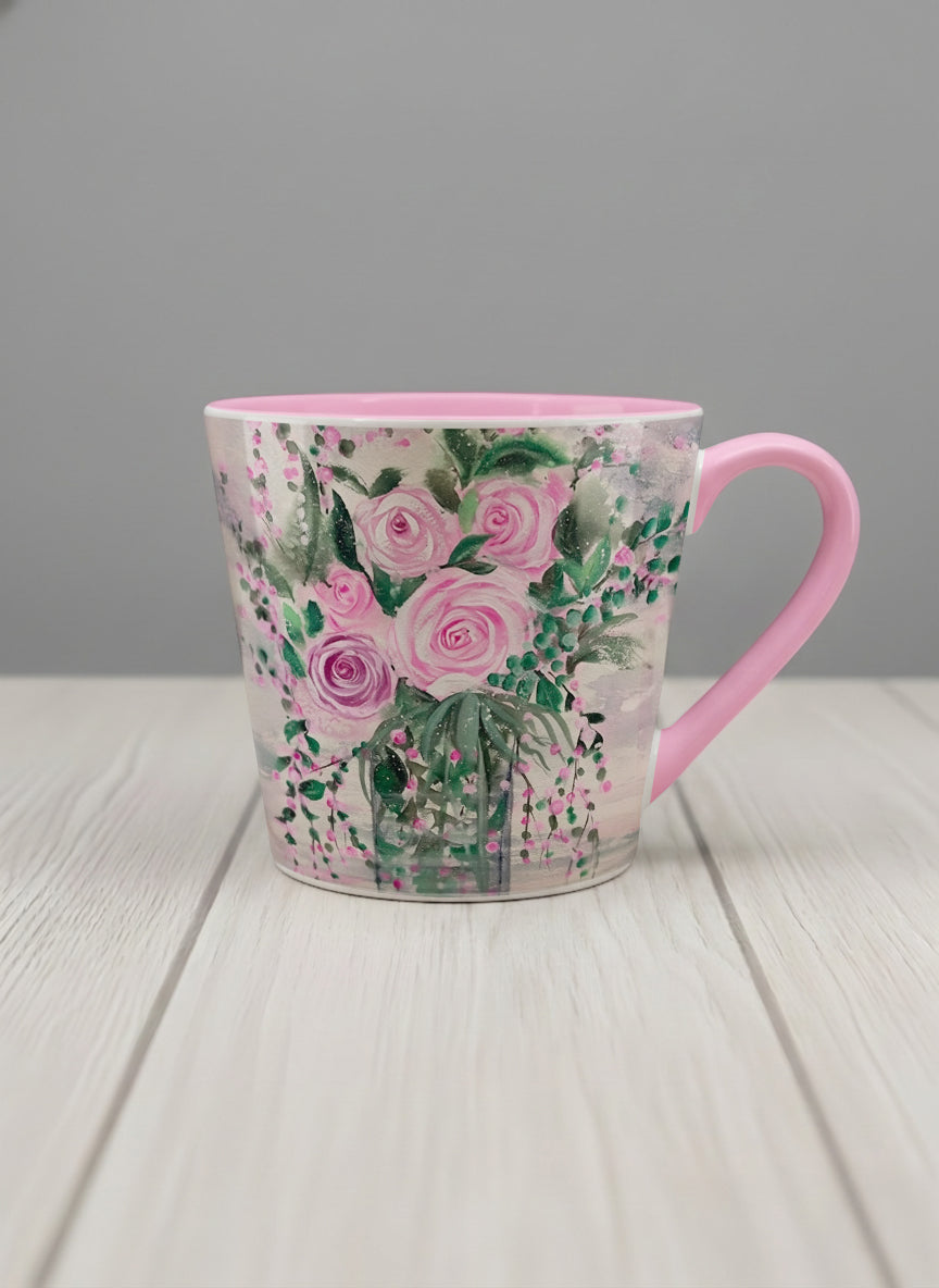 Conical Mug | Pink Roses in a Jar mug showing painted pink roses and greenery on a light background design by Renee Pupetz - Gallery By Inhesion