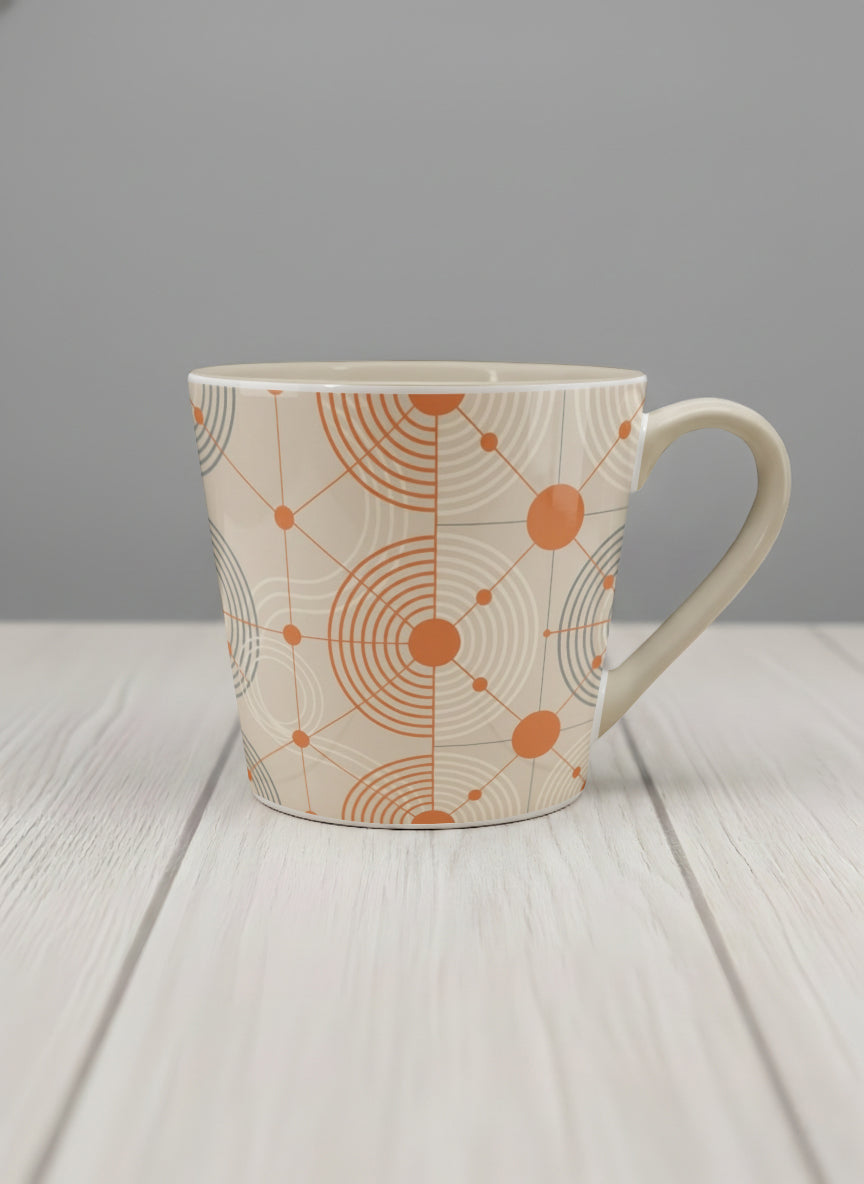 Conical Mug | Entangled Terracotta Web mug, orange geometric circle pattern, cream finish, by Alan CL Lee - Gallery By Inhesion