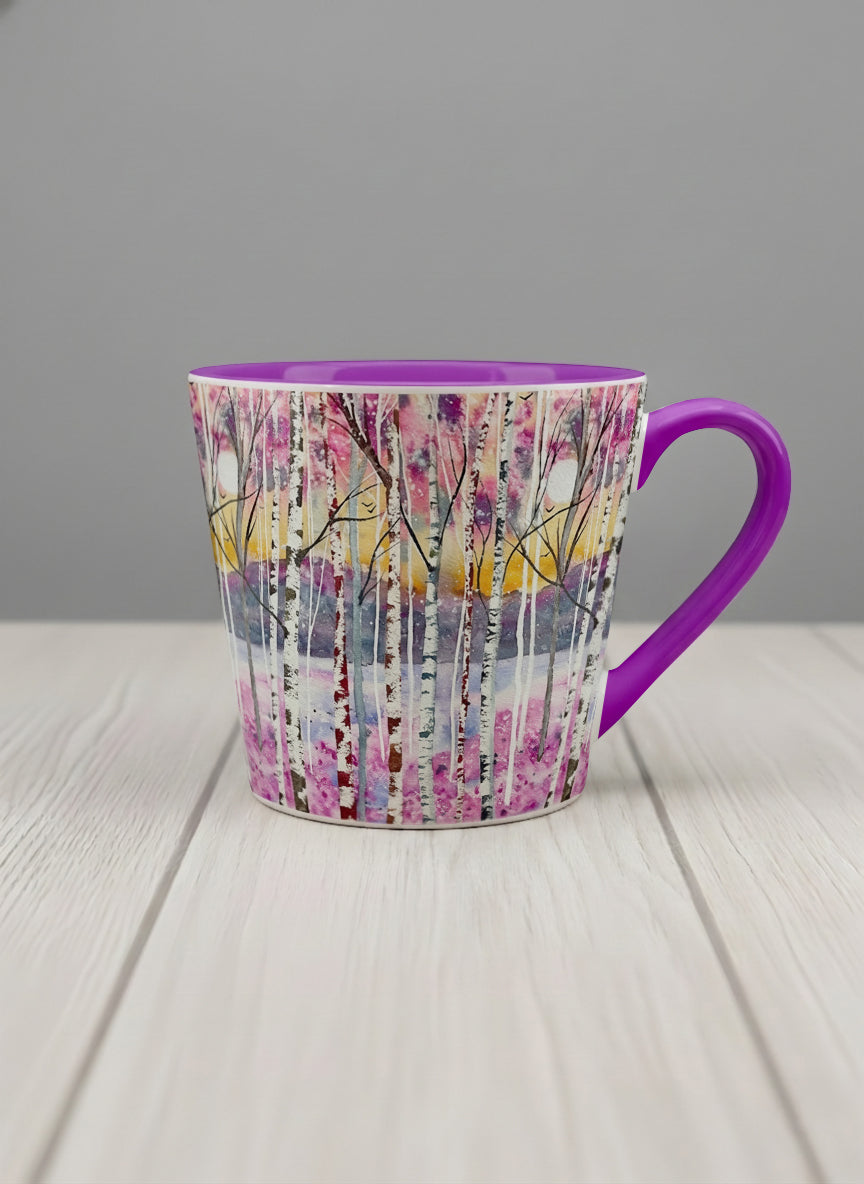 Conical Mug | Living in Colour mug shows colorful watercolor birch trees in a dreamy forest landscape by Renee Pupetz - Gallery By Inhesion