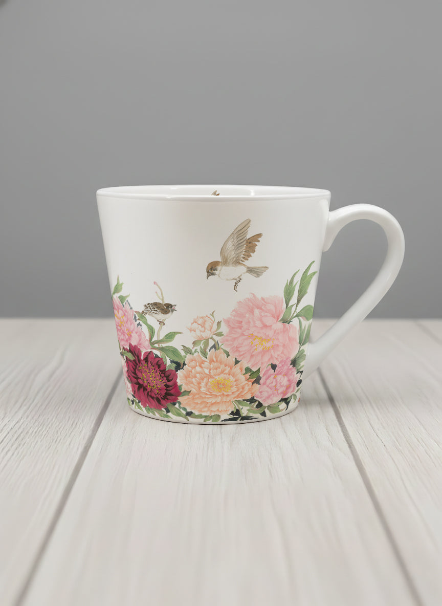 Conical Mug | A Tapestry of Flowers mug with watercolor bird flying amid pink/red flowers by Alice Wong - Gallery By Inhesion