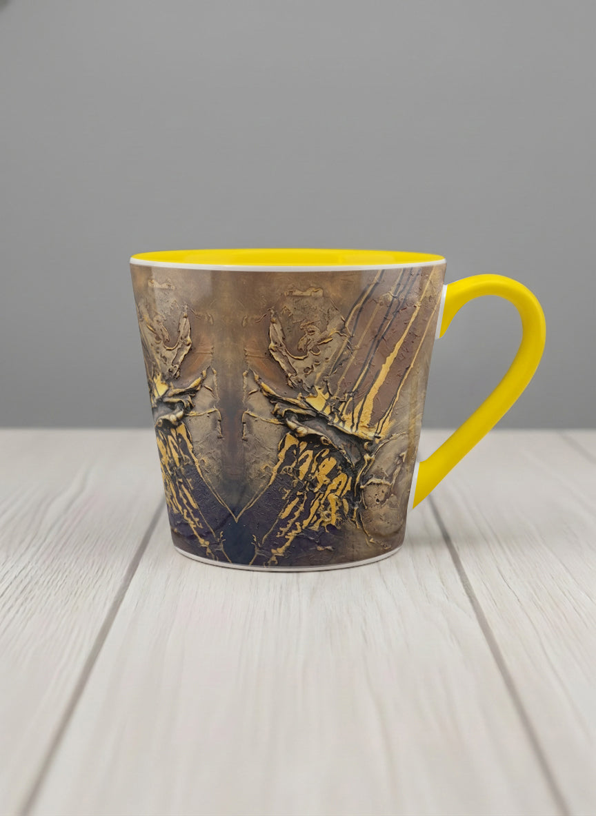 Conical Mug | Unfolding Luminance mug showing abstract marbled pattern in brown, black, and gold tones by Mersedes Mein - Gallery By Inhesion