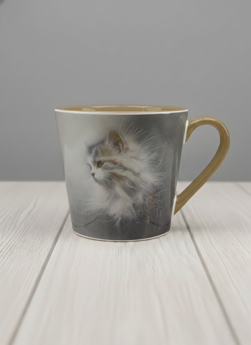 conical Mug | Wild and Free mug, photorealistic cat portrait emerging from a soft smoky mist, warm beige interior and handle, by Karina Mosser - Gallery By Inhesion