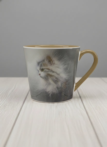 conical Mug | Wild and Free mug, photorealistic cat portrait emerging from a soft smoky mist, warm beige interior and handle, by Karina Mosser - Gallery By Inhesion