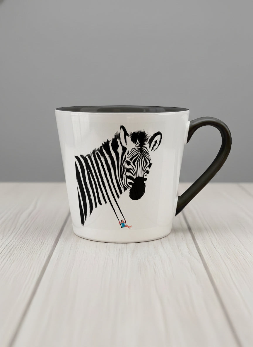 Conical Mug | Swinging between reality and illusion mug with a zebra illustration and a person swinging under it by Tang Yau Hoong - Gallery By Inhesion