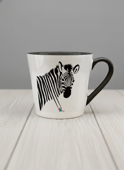 Conical Mug | Swinging between reality and illusion mug with a zebra illustration and a person swinging under it by Tang Yau Hoong - Gallery By Inhesion