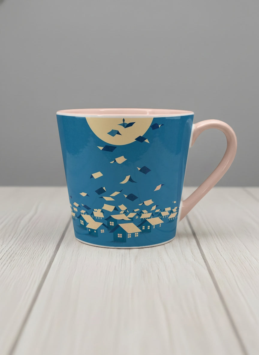 Conical Mug | House of Wings mug with whimsical house roof flying over a night cityscape by Tang Yau Hoong - Gallery By Inhesion