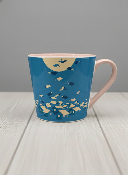 Conical Mug | House of Wings mug with whimsical house roof flying over a night cityscape by Tang Yau Hoong - Gallery By Inhesion