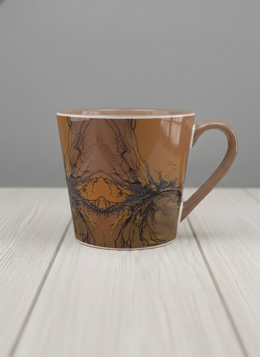 Conical Mug | Flowing Essence mug showing abstract marbled pattern in brown, black, and gold tones by Mersedes Mein - Gallery By Inhesion