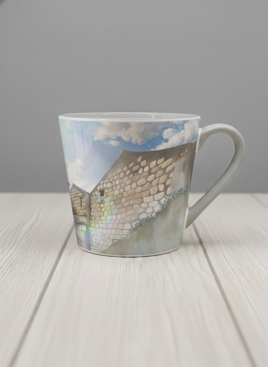 Conical Mug | The Timeless Facade mug ancient stone walls rising under a bright blue sky with soft drifting clouds, clean pearl white interior and handle,  by Samuel Kwok Gallery By Inhesion