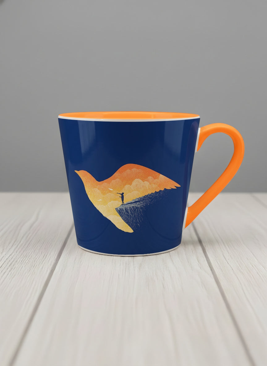 Conical Mug | Dream Big mug with surreal flying bird illustration in sunset colors by Tang Yau Hoong - Gallery By Inhesion
