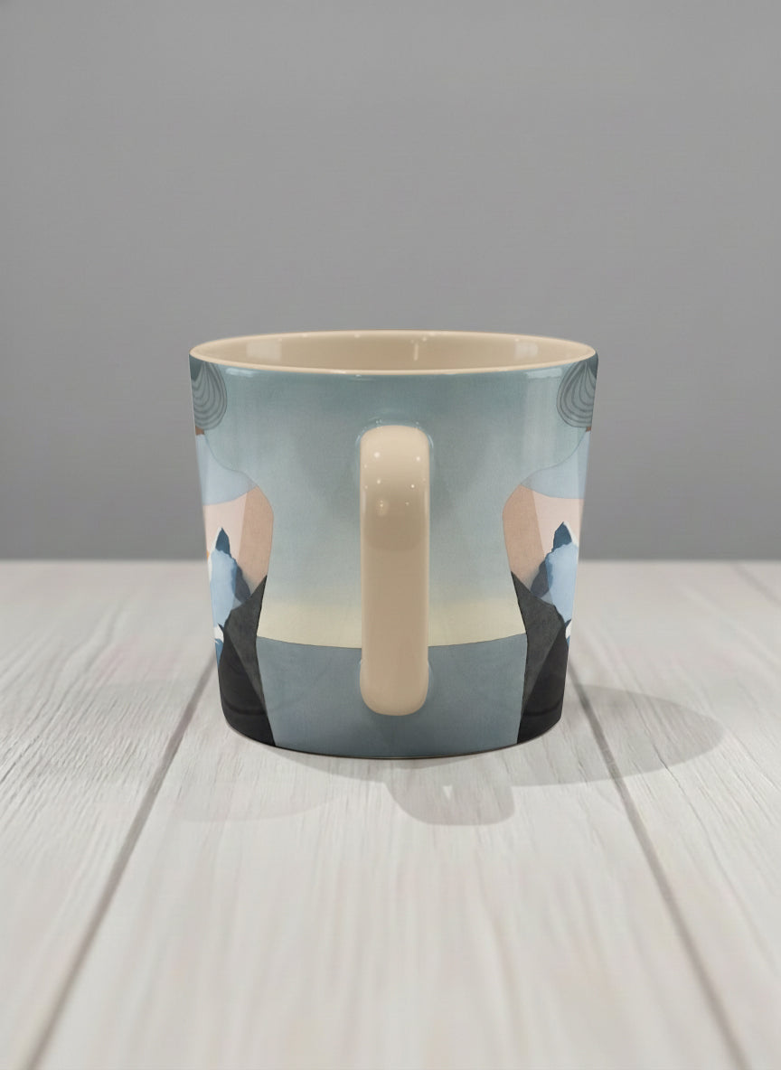 conical mug | A Mountain to Climb side view mug woman gazing over jagged peaks and a golden sun on teal horizon, butter yellow interior, by KikaG - Gallery By Inhesion