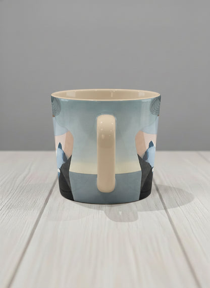 conical mug | A Mountain to Climb side view mug woman gazing over jagged peaks and a golden sun on teal horizon, butter yellow interior, by KikaG - Gallery By Inhesion