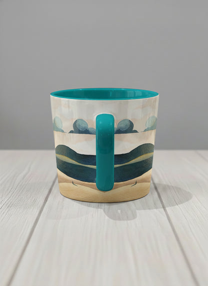 conical mug | Share a Sunset side view  mug a lone figure walking through rolling sand dunes beneath a glowing orange sun and layered teal clouds, deep teal interior and handle, by KikaG - Gallery By Inhesion