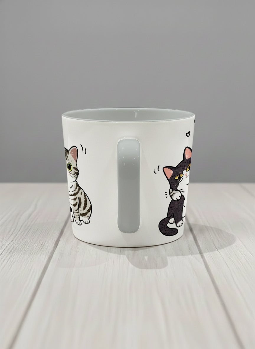 conical mug | Best Buddies side view mug small tuxedo cat leaning into a chubby tabby with tiny floating hearts, sage interior, by Hyun Jung Cho