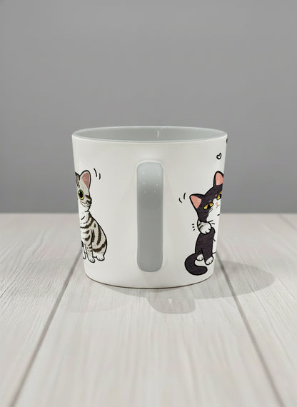 conical mug | Best Buddies side view mug small tuxedo cat leaning into a chubby tabby with tiny floating hearts, sage interior, by Hyun Jung Cho